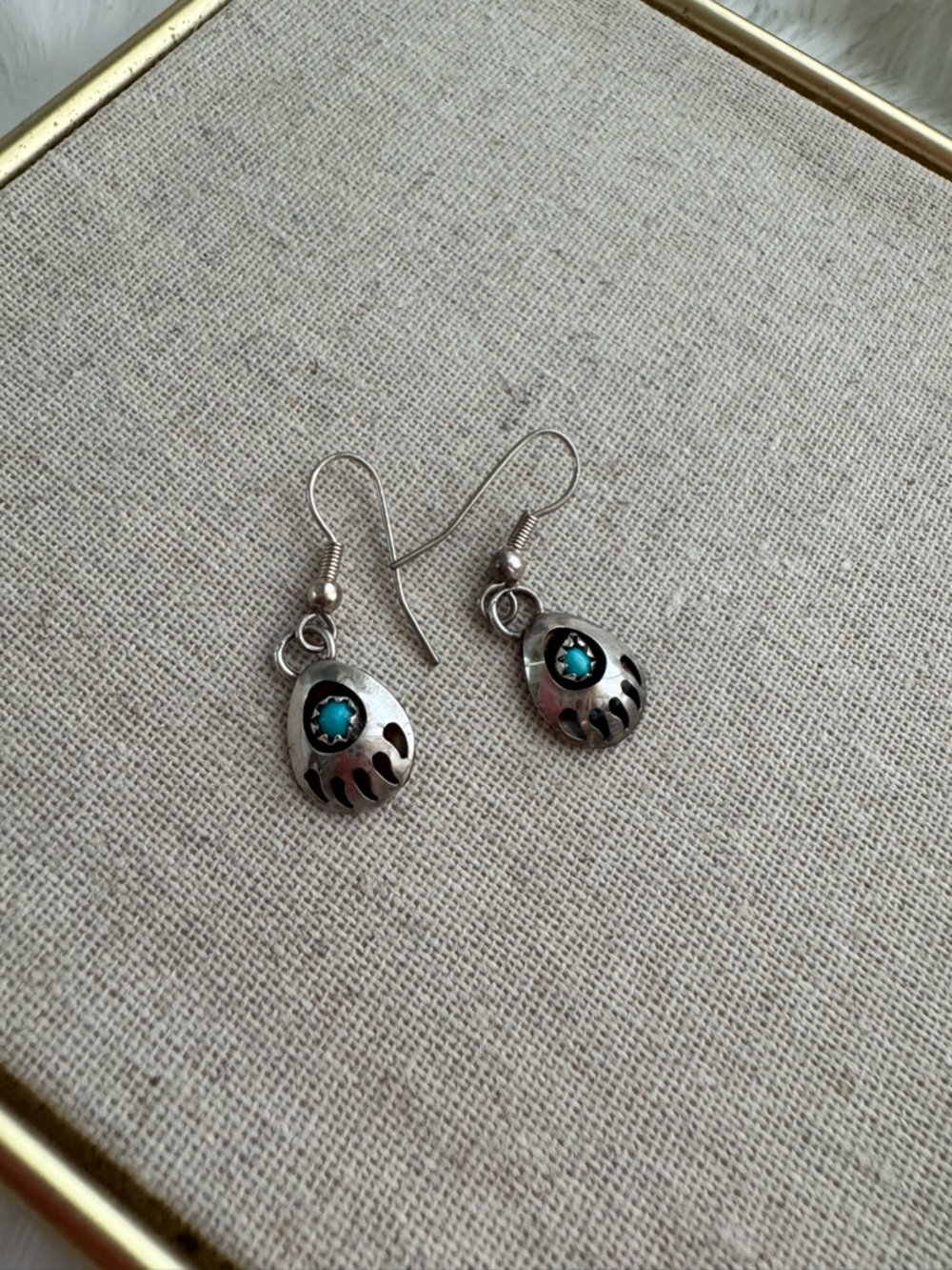 Native American Silver Turquoise Bear Paw Dangle Earrings